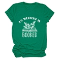 Detail of green cotton T-shirt featuring My Weekend is Booked graphic and cuffed sleeves - Dark Green (White Letters)