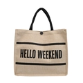 Borsa tote in lino con manici neri e stampa Hello Weekend in finitura fibra naturale - Cachi