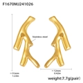 Golden coral branch stud earrings in stainless steel with detailed size measurements - Gold Tree Branch (F1670)