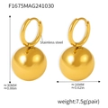 Polished gold stainless steel hoop earrings with large spherical weight pendants - Gold Ball