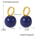 Gold stainless steel hoop earrings with dark blue oil drip globe pendants and size chart - Gold Deep Blue