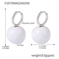 Modern stainless steel hoop earrings with large white oil-drip enamel ball charms - Steel White