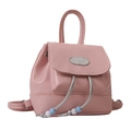 Pink PU leather mini backpack featuring drawstring closure and metal brand plate - Pink Without Charm