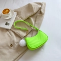 Neon green hobo bag with quilted V-pattern and white plush pompom charm detail - Green