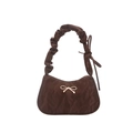 Brown nylon crescent bag with scrunchie handle and golden bow detail for women - Brown