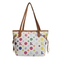 Witte monogram draagtas met kleurrijke bloempatronen en bruine leren hengsels - Wit
