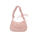Pink bow shoulder bag with pleated handle and marble texture design for women - Pink