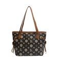 Grote shopper tas met vintage monogramprint en bruine lederen handgrepen op witte basis - Donker Koffie