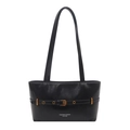Large black faux leather tote bag with stylish gold buckle belt and glossy finish - Black