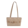 Beige faux leather baguette shoulder bag with decorative belt buckle and metal rings - Khaki