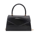 Minimalist black patent leather square handbag with golden hardware and top handle - Black