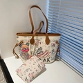 Ensemble sac cabas blanc crème à graffitis avec anses marron et motifs d'ours - Blanc