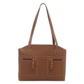 Vintage brown large capacity shoulder bag with white contrast stitching and dual front pockets - Tan