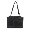Women's black tote bag with white contrast stitching and dual front zipper pockets - Black