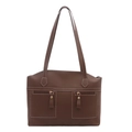 Brown soft leather tote bag with white contrast stitching and zip pockets for women - Dark Brown