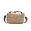 Woven straw top handle bag with black leather straps and gold buckle closure - Khaki