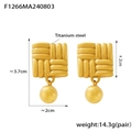 Detail view of square woven texture gold earrings with sphere drops in titanium steel - Woven Texture Ball Pendant Style / Gold