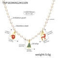 Detail view of pearl Christmas necklace with colorful enamel tree and deer charms - TXP183-Gold Christmas Beaded Multi-Pendant Necklace