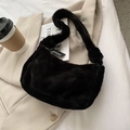 Chic black faux fur underarm bag with zipper closure and wide shoulder strap - Black