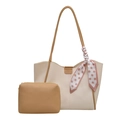 Two-piece cream tote bag and khaki pouch set with polka dot scarf detail and PU leather finish - Khaki