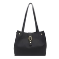 Minimalist black leather tote bag with large capacity and golden metal buckle detail - Black