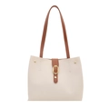 Minimalist cream tote bag with dark brown straps and golden hardware on white background - White