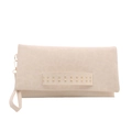 Beigefarbene Clutch mit Leopardenmuster, Goldnieten und Handgelenkschlaufe - Weiß