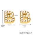 Detail view of gold-plated stainless steel letter B stud earrings with zircon inlay - Letter B Earrings (RF001) / Gold