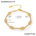 Detailed view of stainless steel gold bracelet with cubic zirconia paving and dimensions - Gold
