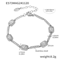 Modern stainless steel bar bracelet with hand-set pavé zircon stones in gold finish - Steel Color Long Square Zircon (E573) / Silver