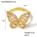 Anello a farfalla in rame placcato oro 18 carats con zirconi brillanti e aperti - Taglia 7 (Regolabile) / Anello Farfalla in Zirconia Dorata (A292)