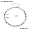 Rainbow zircon stainless steel necklace with colorful stones and adjustable chain length - Round Mixed Color Zirconia Necklace (P1768) / Steel