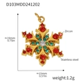 Détail du pendentif flocon avec zircons rouges, verts et blancs en acier inoxydable doré - Pendentif Flocon de Neige de Noël Doré (D103)
