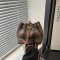 Retro plaid bucket bag in wool fabric featuring a pearl chain strap and drawstring closure - Blue