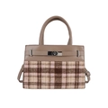 Retro Boston tas met kaki leer en geruite stof met metalen draaisluiting en handvat - Khaki