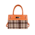 Oranje leer en bruine ruitjes patchwork handtas met metalen draaisluiting en schouderband - Oranje