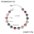 Bracelet en acier titane avec zircons en forme de cœur multicolores et chaîne - Bracelet en Zircone de Couleur Mixte Cœur (E556) / Acier