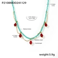 Green natural stone beaded necklace with red crystal opal teardrop charms and gold steel chain - Blue-Green Faceted Opal Style