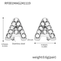 Zircon-inlaid letter A stud earrings in stainless steel with a polished silver finish - Letter A Earrings (RF001) / Steel