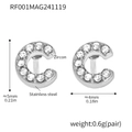 Silver stainless steel letter C stud earrings with white zircon inlays and dimensions - Letter C Earrings (RF001) / Steel