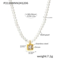 Detail view of shell pearl necklace with gold stainless steel zircon pendant and dimensions - Gold Square Pendant