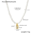 Detail view of shell pearl necklace with zircon pendant including size specifications - Gold Bar Pendant