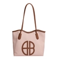 Bolso tote de tejido rosa con ribetes de cuero marrón y gran logotipo en fondo blanco - Rosa