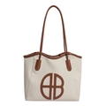 Bolso tote moderno tejido en color beige con adornos de cuero marrón y logo B central - Blanco