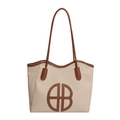 Bolso tote grande de tejido beige con ribete de cuero marrón y detalle de logo HB - Caqui