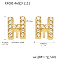 Golden H-letter stud earrings in stainless steel with white zircon stones - Gold Letter H Earrings (RF001)