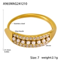 Macro detail of adjustable gold steel ring with zircon inlays and white shell beads - Gold White Zirconia Ring
