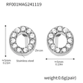 Zirconia studded stainless steel round stud earrings with detailed size measurements - Letter O Earrings (RF001) / Steel