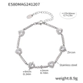 Pulsera de acero inoxidable plateado pulido con circonitas de corazón y barras de pavé - Color Acero