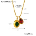 Detail van de roestvrijstalen kogelketting met groene en rode zirkoon hangers - Goud Groen Rood Zirkoon